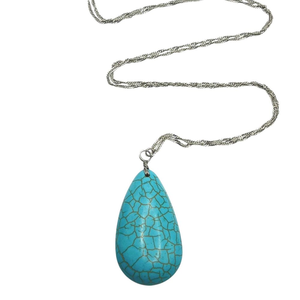 Blue Howlite Teardrop Pendant Necklace Long Silver Tone Singapore Chain Chunky